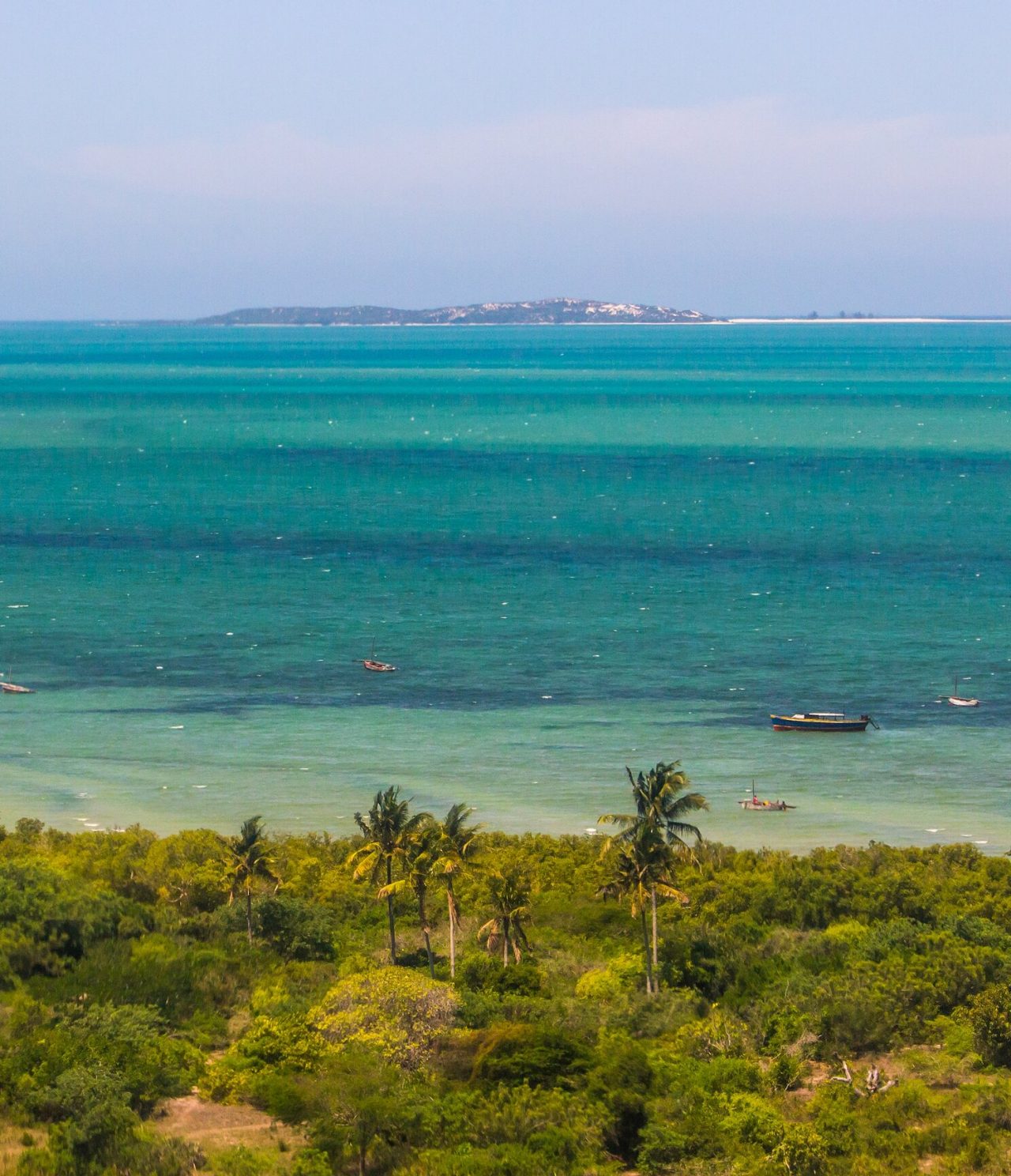 Vista aérea de una playa tropical con palmeras, barcos de pesca y un mar turquesa cristalino con una isla al fondo