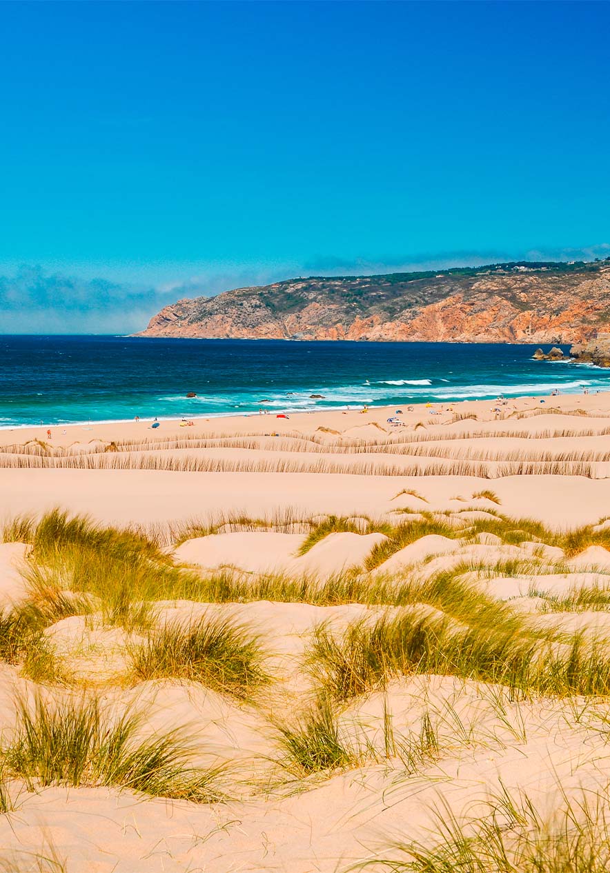 Praia do Guincho em Cascais, onde se vê um dia perfeito de praia, com uma extensão de areia dourada, dunas e mar azul