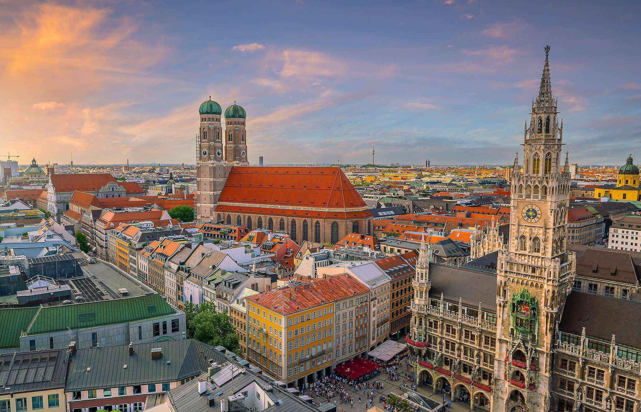 Aerial view of Marienplatz, Munich, with Gothic architecture and people