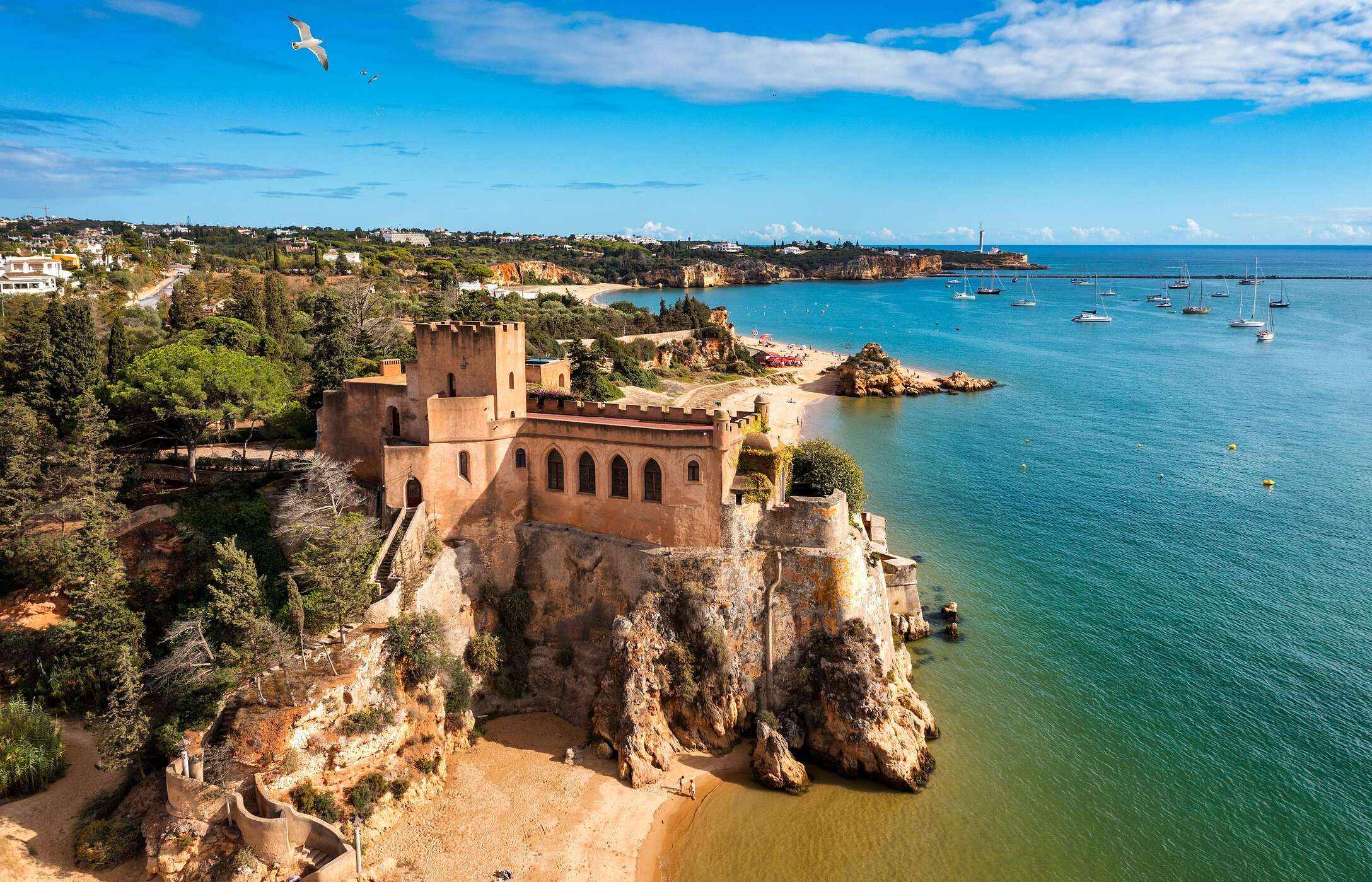 Aerial view of São João do Arade Castle, in the Algarve, situated on a rocky cliff overlooking the sea