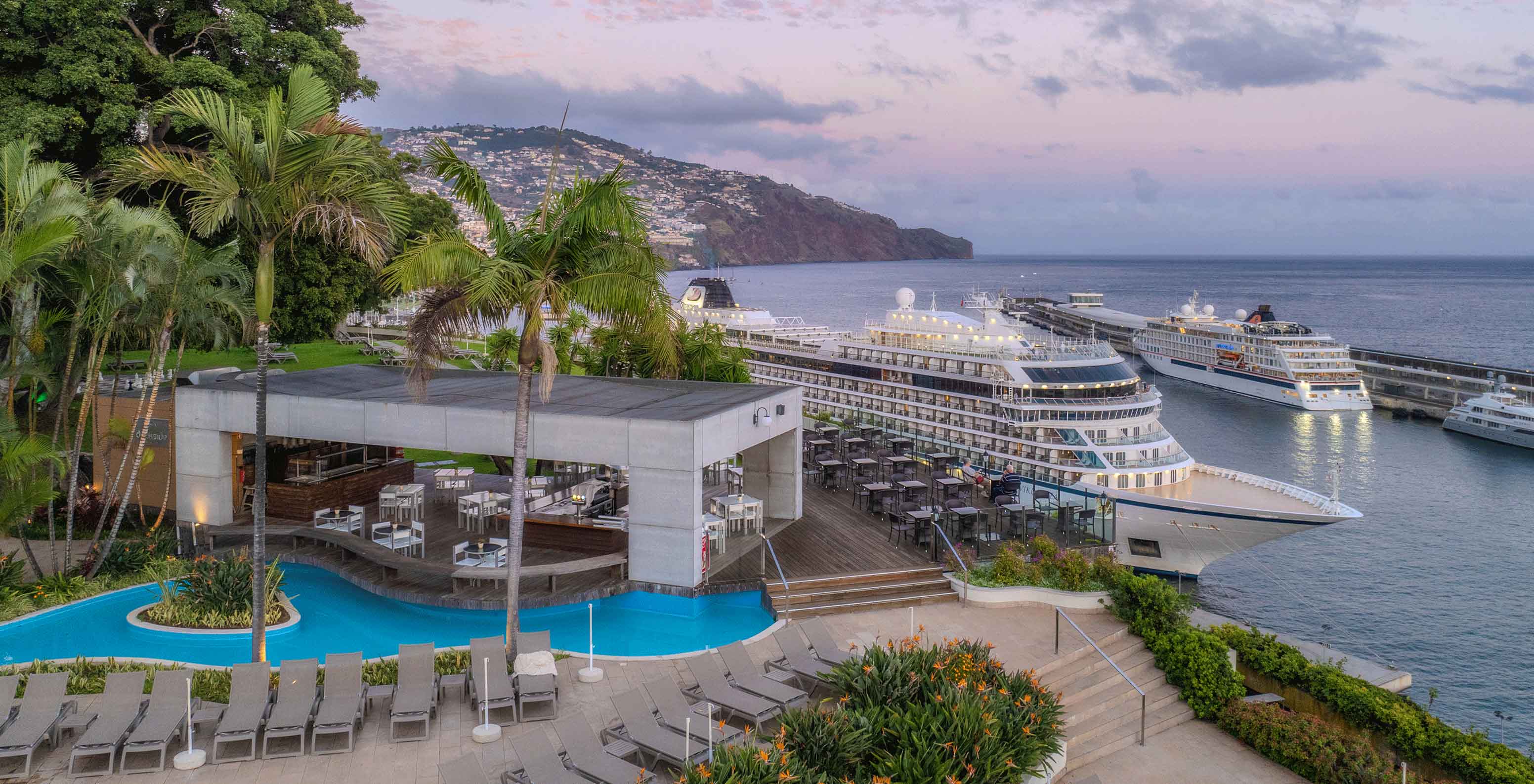 View from the outdoor pool of Pestana Casino Park, to the sea and Funchal Cruise Terminal