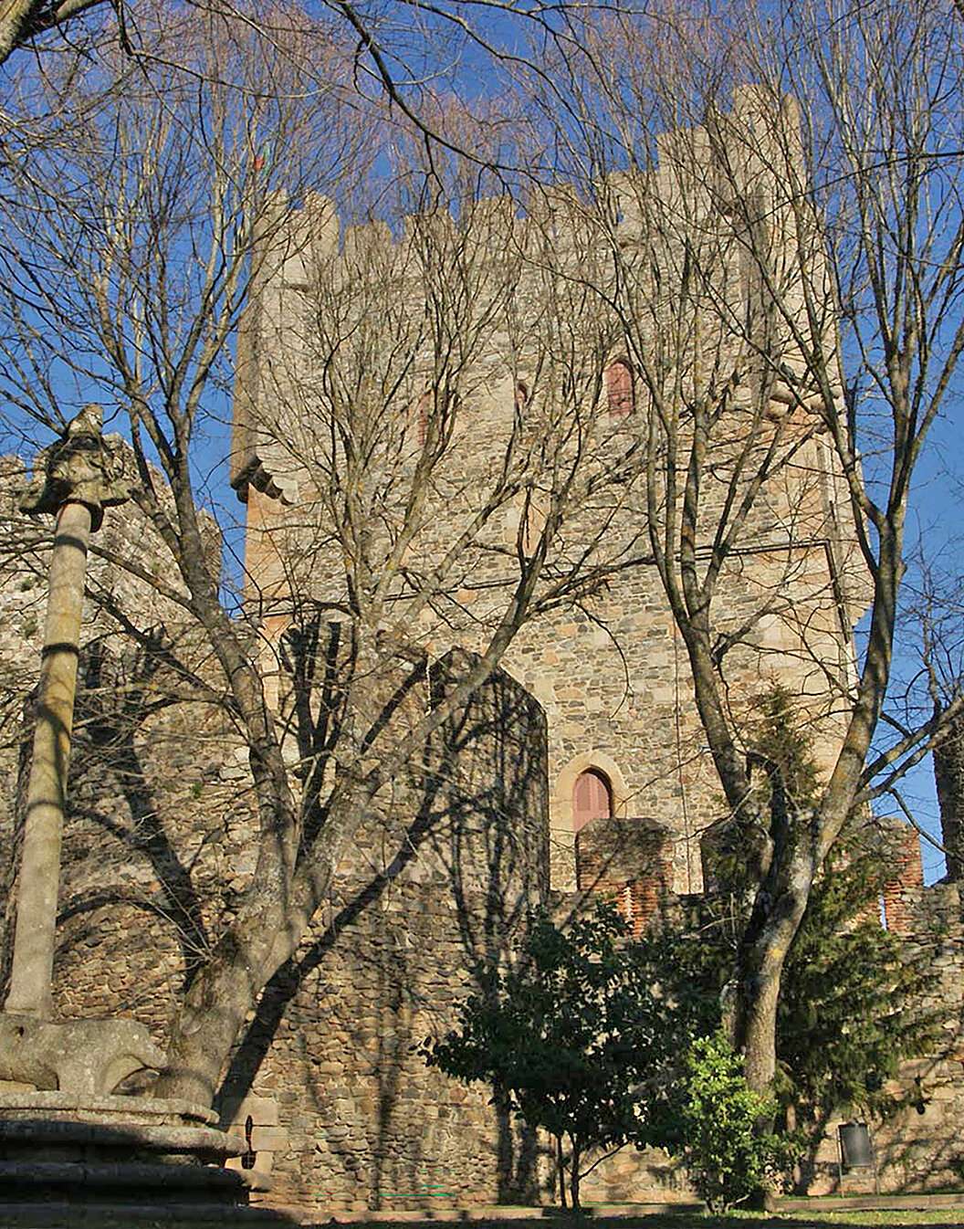 Exterior view of the castle of Pousada Bragança, with trees and leaves in front of the façade of the inn