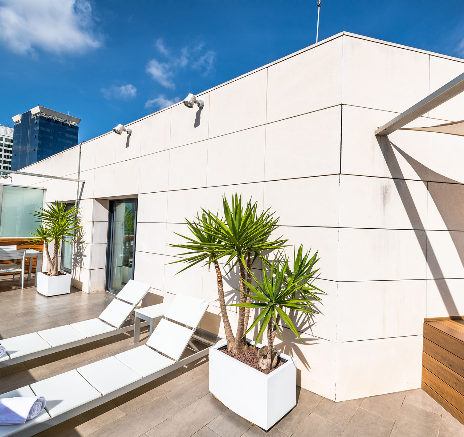 Junior Suite at Pestana Arena Barcelona has a rooftop terrace with sun loungers and plants for relaxation