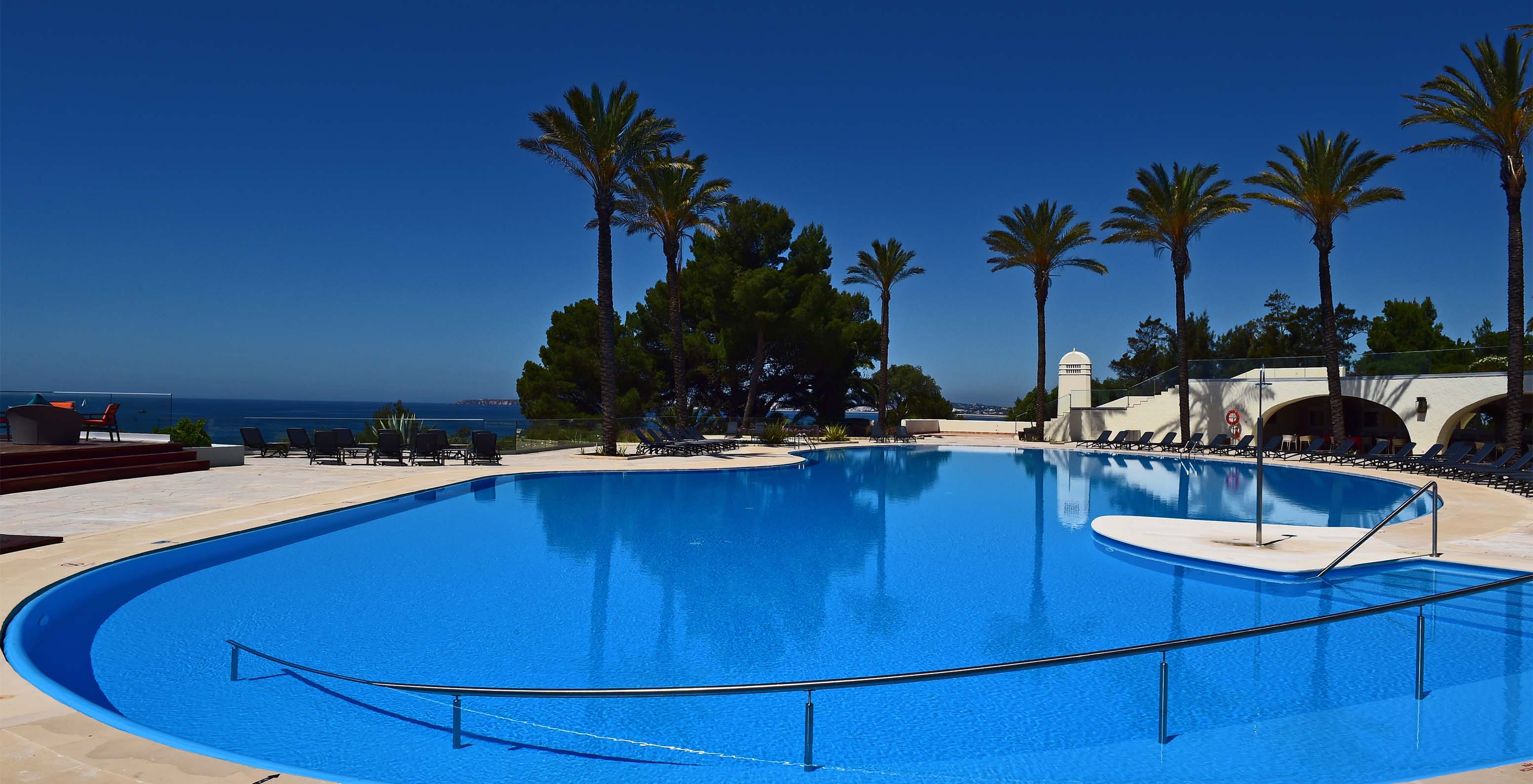 Piscina exterior con tumbonas, palmeras y terraza, jacuzzi, vista al mar y cielo despejado