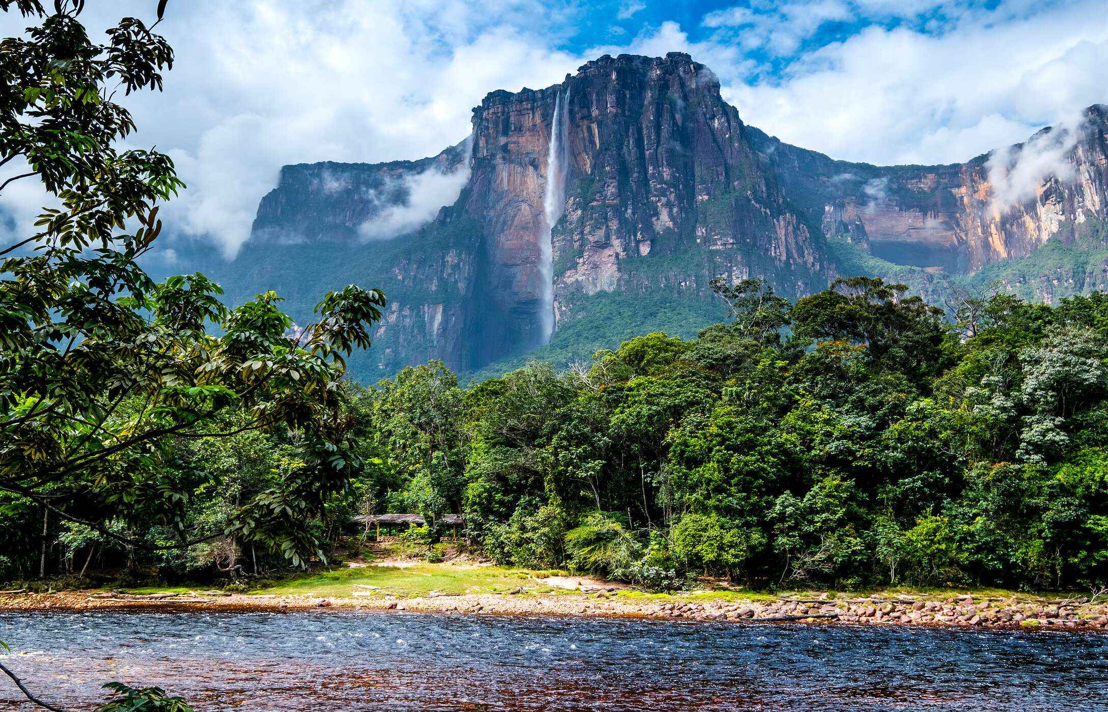Panoramisch uitzicht op de Ángel-watervallen in Venezuela, met stromend water omgeven door tropische vegetatie.