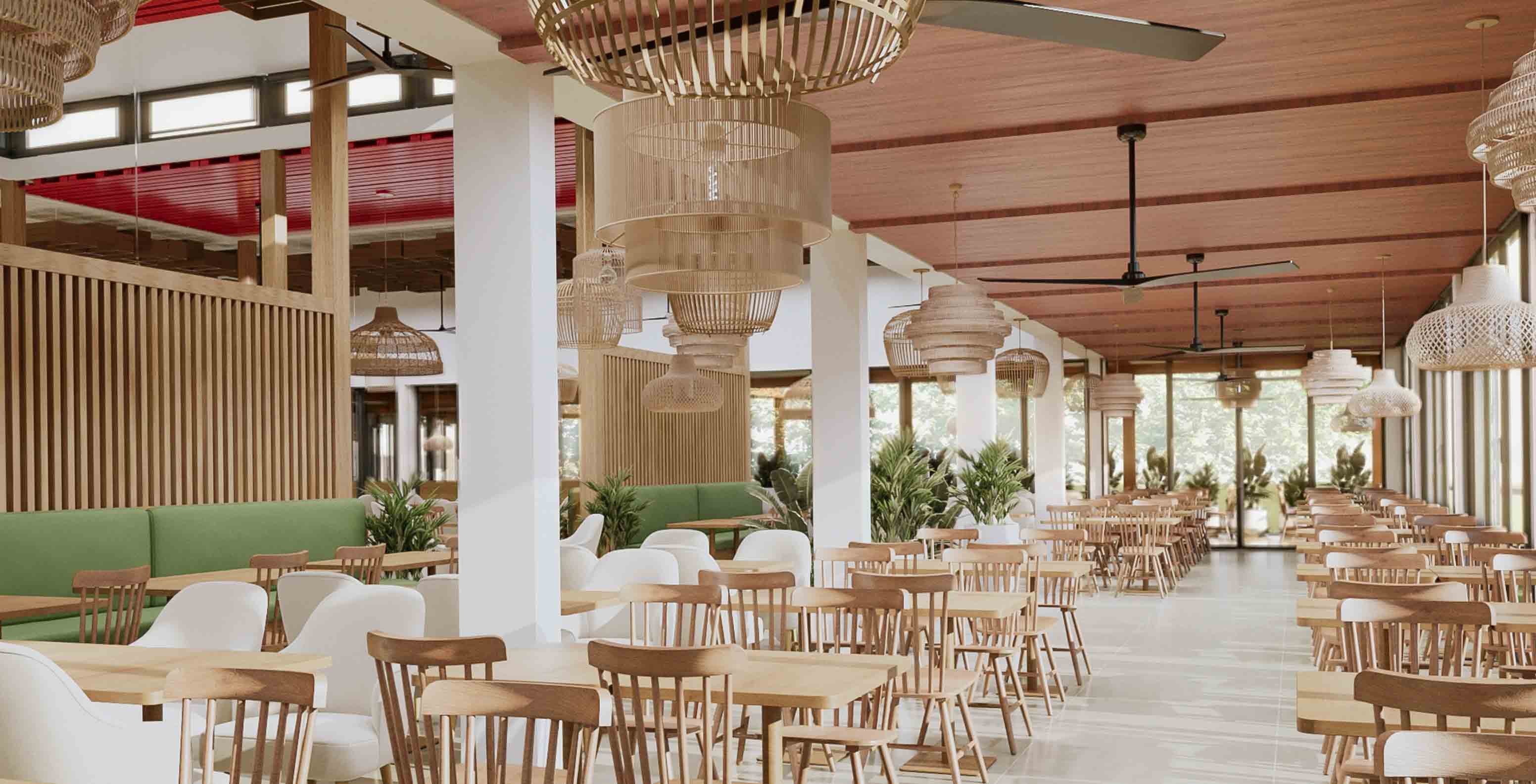 Restaurante buffet do Pestana Dunas Porto Santo, com mesas de madeira, cadeiras brancas e decoração em tons naturais