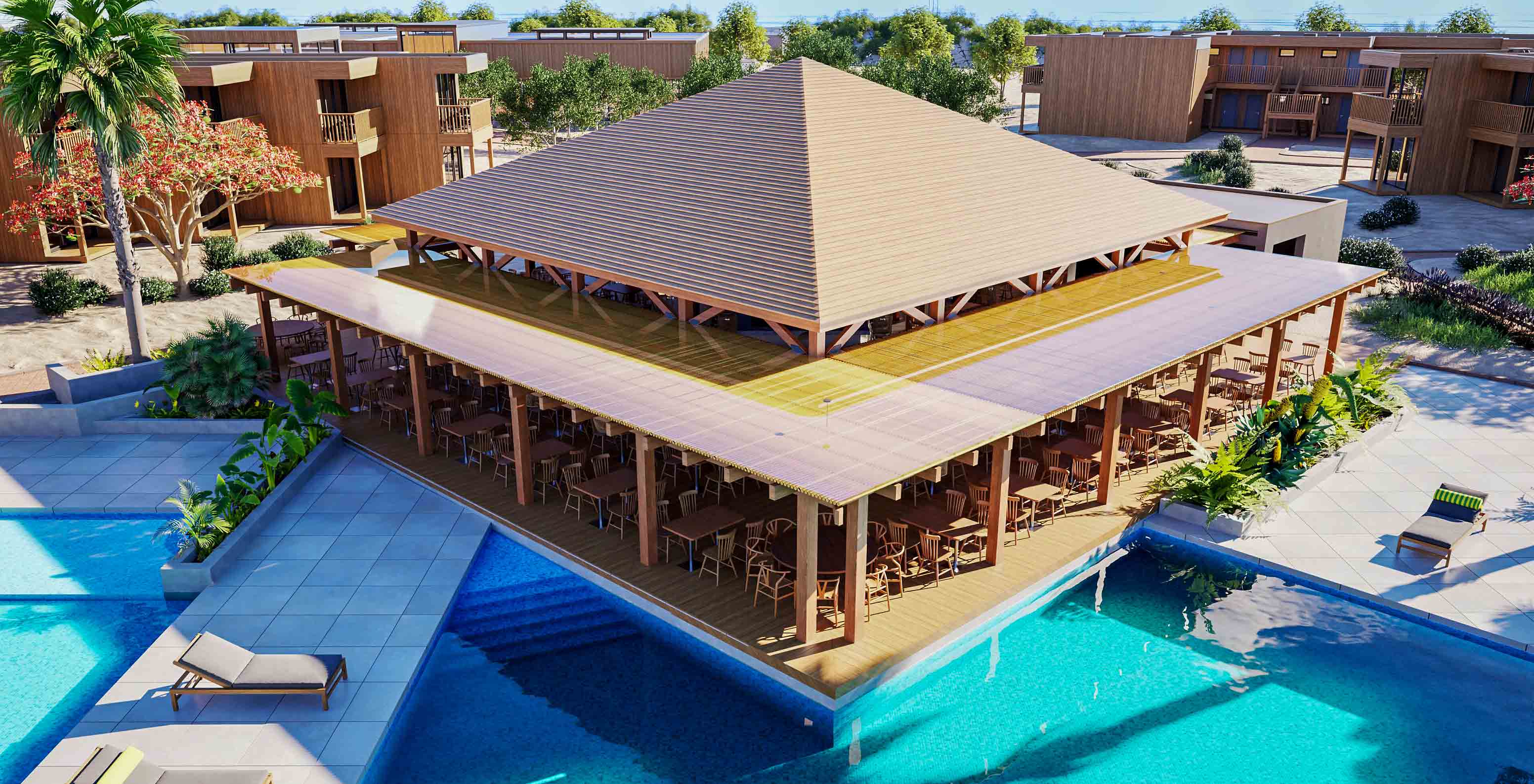 Bar da piscina do Pestana Dunas Porto Santo, com estrutura de madeira e mesas junto à piscina azul