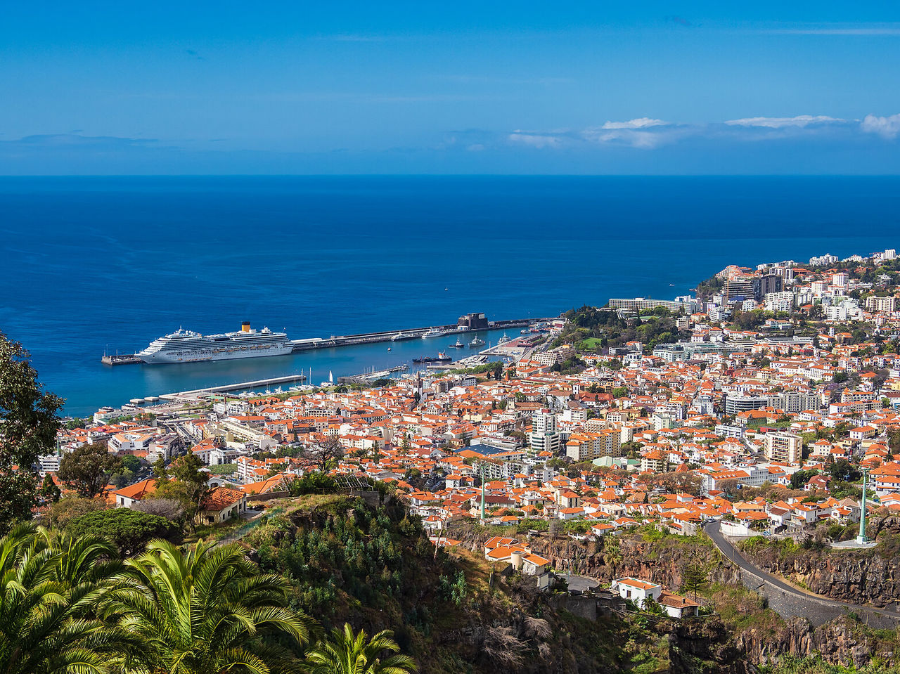 View of the city of Funchal, full of colors and by the sea, with a cruise ship in the background