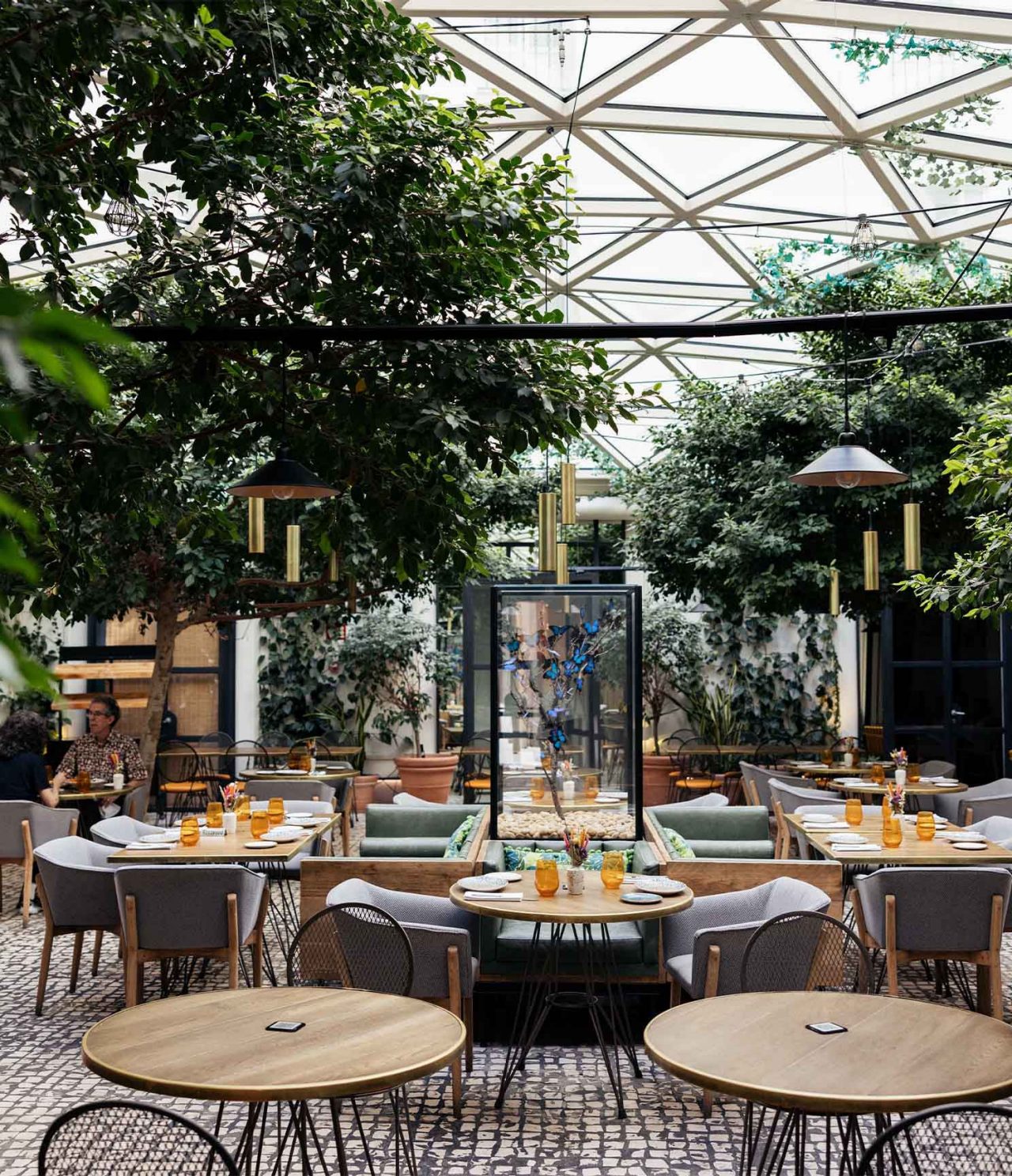 Café de La Plaza Restaurant, Historic Center Hotel in Madrid, patio with several tables and green plants